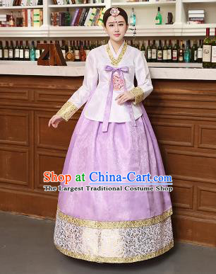 Korean Traditional Costumes Asian Korean Hanbok Palace Bride Embroidered White Blouse and Lilac Skirt for Women