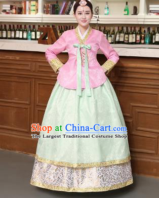 Korean Traditional Costumes Asian Korean Hanbok Palace Bride Embroidered Pink Blouse and Green Skirt for Women