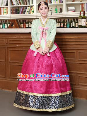 Korean Traditional Costumes Asian Korean Hanbok Palace Bride Embroidered Green Blouse and Rosy Skirt for Women