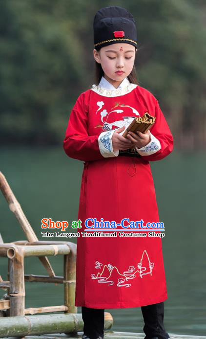 Traditional Chinese Ancient Scholar Costumes Tang Dynasty Swordsman Red Embroidered Robe for Kids