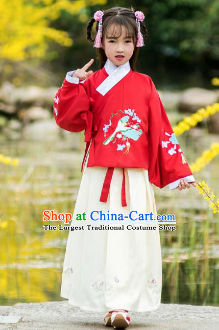Traditional Chinese Ancient Ming Dynasty Princess Costumes Red Blouse and White Skirt for Kids
