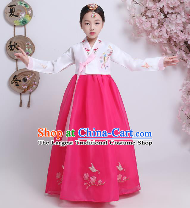 Asian Korean Traditional Costumes Korean Hanbok White Blouse and Rosy Skirt for Kids