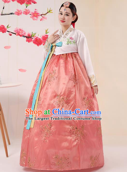 Korean Traditional Palace Costumes Asian Korean Hanbok Bride Embroidered White Blouse and Pink Skirt for Women