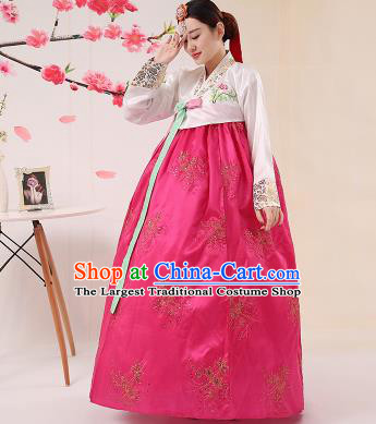 Korean Traditional Palace Costumes Asian Korean Hanbok Bride Embroidered White Blouse and Rosy Skirt for Women