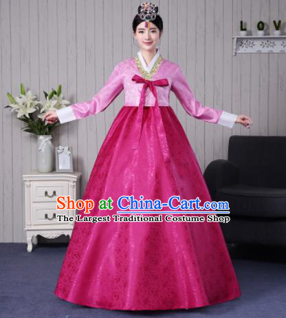 Traditional Korean Palace Costumes Asian Korean Hanbok Bride Pink Blouse and Rosy Skirt for Women