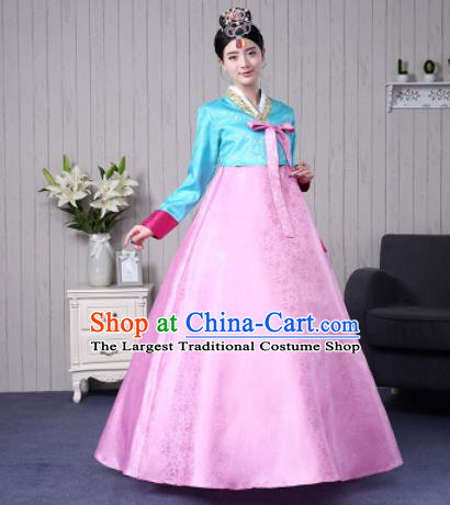 Traditional Korean Palace Costumes Asian Korean Hanbok Blue Blouse and Pink Skirt for Women