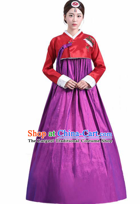Traditional Korean Costumes Asian Korean Palace Hanbok Red Blouse and Purple Skirt for Women