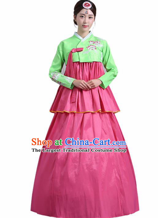 Traditional Korean Costumes Asian Korean Palace Hanbok Green Blouse and Pink Skirt for Women