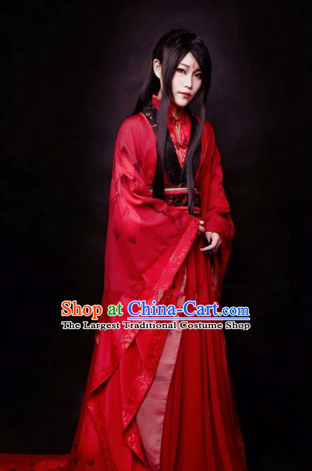 Chinese Ancient Cosplay Swordswoman Red Hanfu Dress Traditional Han Dynasty Princess Costume for Women