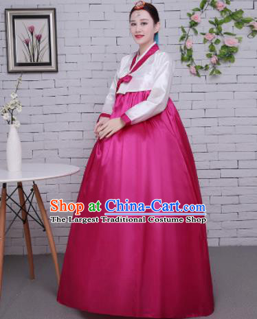 Korean Traditional Palace Costumes Asian Korean Hanbok Bride White Blouse and Rosy Skirt for Women