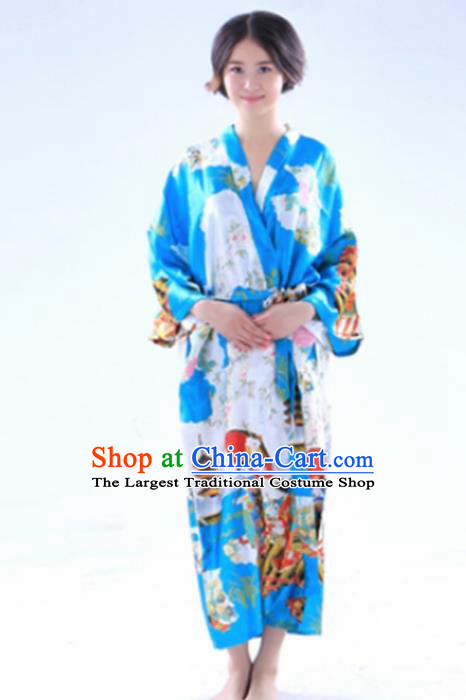 Traditional Japanese Costumes Asian Japan Kimono Printing Blue Yukata for Women