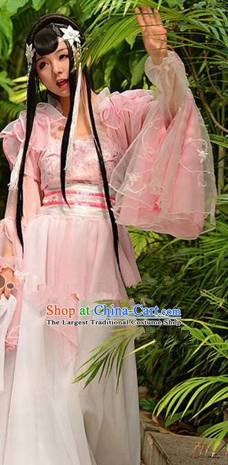 Chinese Ancient Cosplay Peri Pink Hanfu Dress Traditional Tang Dynasty Swordswoman Costume for Women
