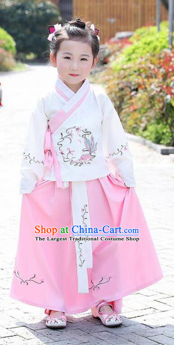 Traditional Chinese Ancient Ming Dynasty Costumes White Blouse and Pink Skirt for Kids