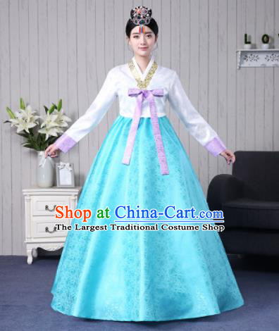 Traditional Korean Palace Costumes Asian Korean Hanbok Bride White Blouse and Blue Skirt for Women