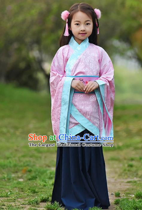 Chinese Ancient Han Dynasty Princess Costumes Traditional Pink Curving-Front Robe for Kids