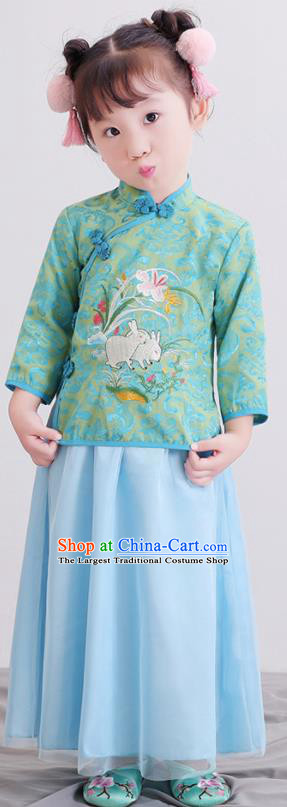 Chinese Ancient Republic of China Children Costumes Traditional Green Blouse and Skirt for Kids