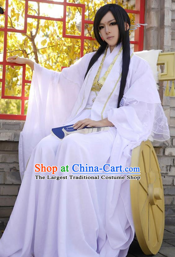 Chinese Ancient Swordsman White Hanfu Han Dynasty Nobility Childe Costume for Men