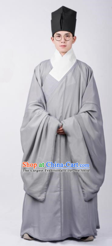 Chinese Ancient Scholar Grey Robe Traditional Ming Dynasty Taoist Priest Costumes for Men