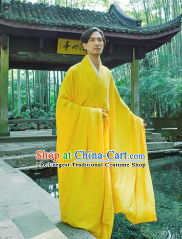 Chinese Ancient Traditional Jin Dynasty Scholar Swordsman Hermit Yellow Costumes for Men