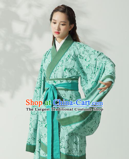 Traditional Chinese Han Dynasty Princess Costume Ancient Light Green Curving-Front Robe for Women