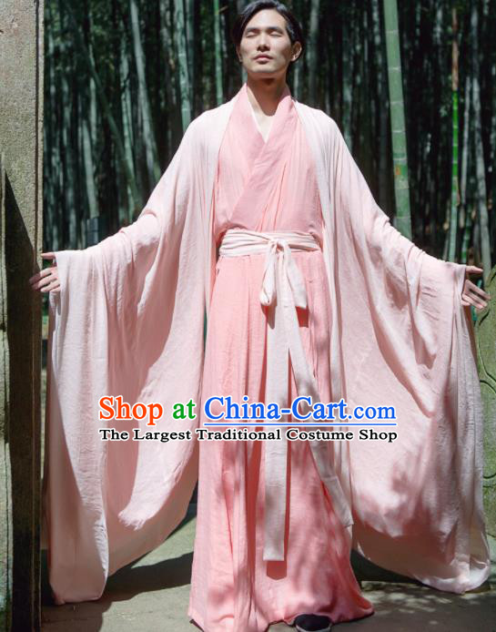 Chinese Ancient Traditional Jin Dynasty Pink Wide Sleeve Cloak Scholar Swordsman Costumes for Men