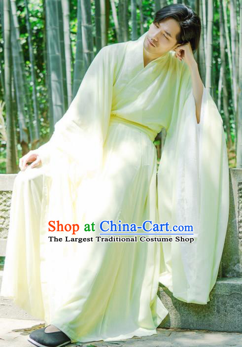 Chinese Ancient Traditional Jin Dynasty Yellow Wide Sleeve Cloak Scholar Swordsman Costumes for Men