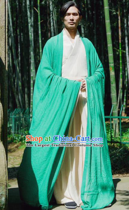 Chinese Ancient Traditional Jin Dynasty Green Wide Sleeve Cloak Scholar Swordsman Costumes for Men