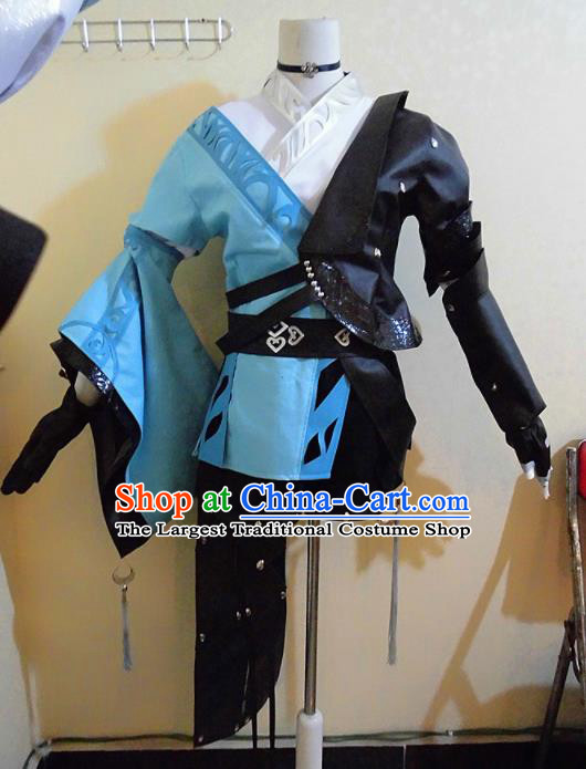Asian Chinese Cosplay Female Swordsman Blue Costume Ancient Young Lady Clothing for Women