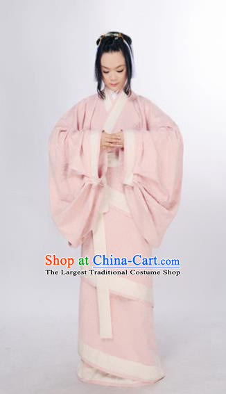 Traditional Chinese Han Dynasty Marquise Costume Ancient Palace Lady Pink Curving-Front Robe for Women
