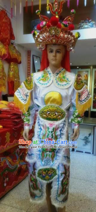 Traditional Chinese Beijing Opera Takefu Costume General Embroidered White Clothing and Hat for Men