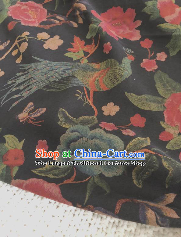 Asian Chinese Traditional Fabric Palace Peony Pattern Black Brocade Cloth Silk Fabric