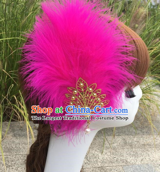 Traditional Chinese Bride Hair Accessories Folk Dance Fushcia Feather Hair Stick for Kids