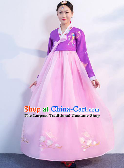 Top Grade Korean Traditional Costumes Asian Korean Hanbok Bride Purple Blouse and Pink Skirt for Women