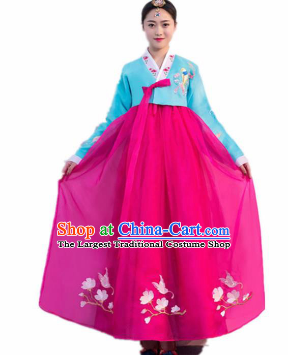 Top Grade Korean Traditional Costumes Asian Korean Hanbok Bride Blue Blouse and Rosy Skirt for Women