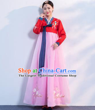 Top Grade Korean Traditional Costumes Asian Korean Hanbok Bride Red Blouse and Pink Skirt for Women