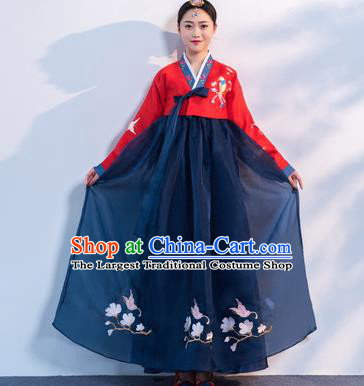 Top Grade Korean Traditional Costumes Asian Korean Hanbok Bride Red Blouse and Navy Skirt for Women