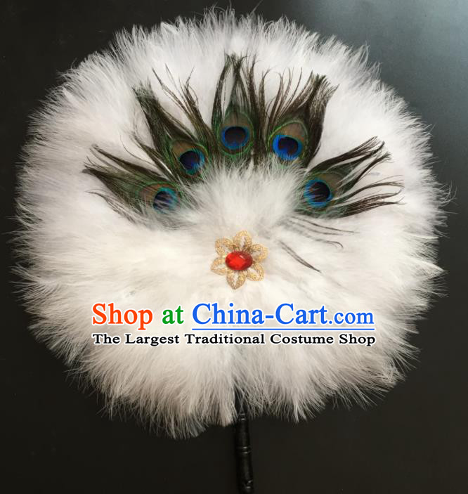 Traditional Chinese Crafts White Feather Palace Fan China Round Dance Feather Fans