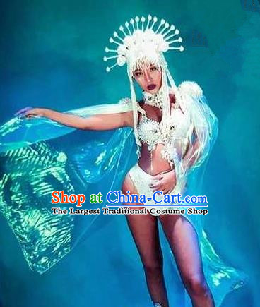 Professional Stage Performance Costume Halloween Cosplay Mermaid White Clothing and Headwear for Women