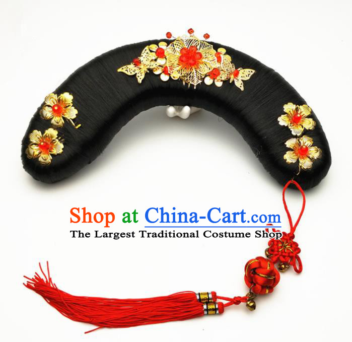 Chinese Ancient Qing Dynasty Princess Hair Accessories Palace Lady Golden Hairpins and Wigs for Kids