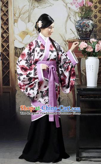 Chinese Traditional Han Dynasty Imperial Consort Printing Peony Hanfu Dress Ancient Maidenform Costumes for Women
