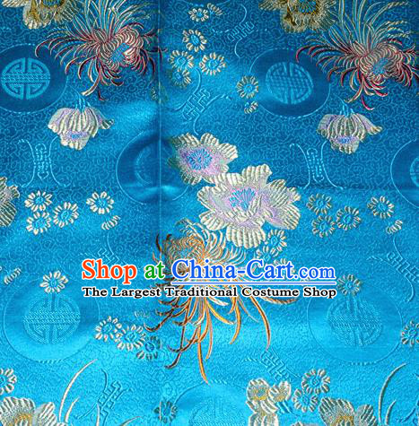 Chinese Traditional Silk Fabric Classical Chrysanthemum Pattern Tang Suit Blue Brocade Cloth Cheongsam Material Drapery