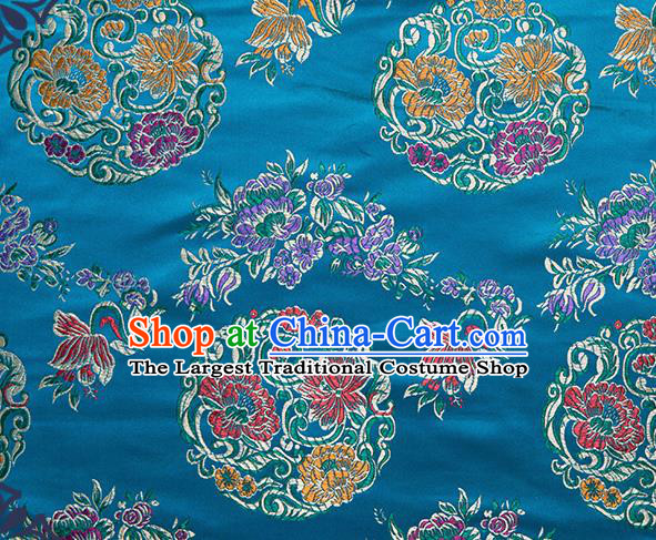 Chinese Traditional Palace Pattern Tang Suit Brocade Blue Fabric Silk Cloth Cheongsam Material Drapery