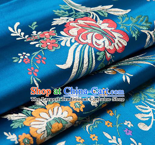 Chinese Traditional Begonia Pattern Tang Suit Blue Brocade Fabric Silk Cloth Cheongsam Material Drapery
