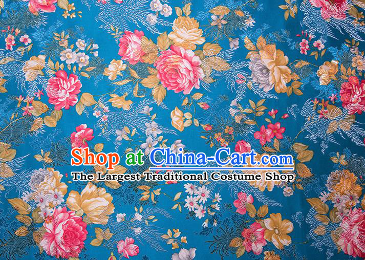 Chinese Traditional Peony Flowers Pattern Tang Suit Blue Brocade Fabric Silk Cloth Cheongsam Material Drapery