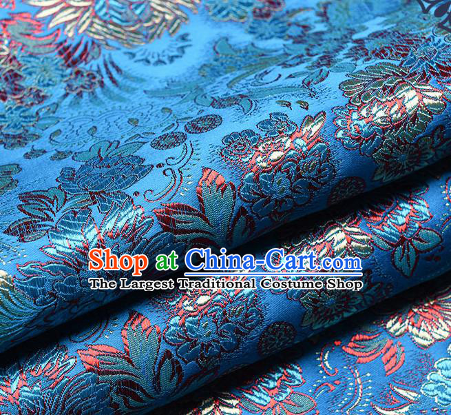 Chinese Traditional Tang Suit Blue Brocade Fabric Peony Pattern Silk Cloth Cheongsam Material Drapery
