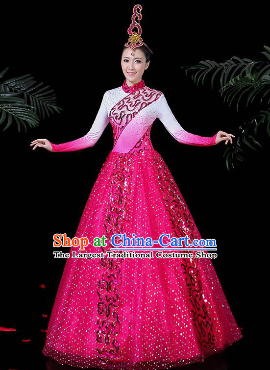 Chinese Classical Dance Costume Traditional Folk Dance Rosy Dress for Women