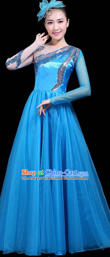 Professional Dance Modern Dance Costume Stage Performance Chorus Blue Long Dress for Women