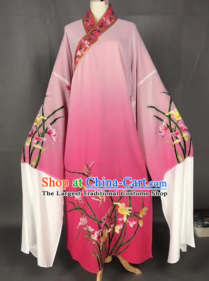 Chinese Traditional Beijing Opera Scholar Embroidered Orchid Gradient Rosy Robe Peking Opera Niche Costume for Adults