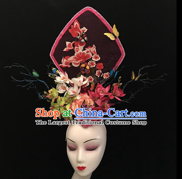 Chinese Stage Show Embroidered Peony Red Hair Accessories Traditional Catwalks Palace Headdress for Women