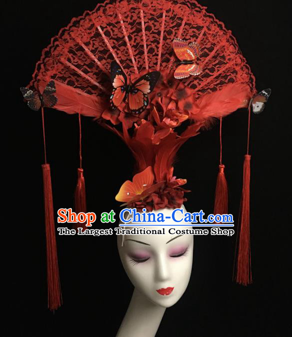 Chinese Stage Show Red Lace Hair Accessories Traditional Catwalks Palace Headdress for Women